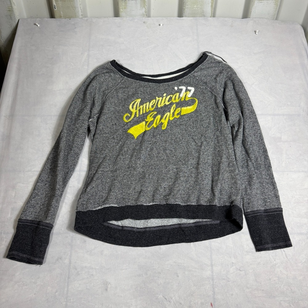 American Eagle Womens Sweatshirt Heather‎ Gray Rib Cuff Round Neck Graphic XL